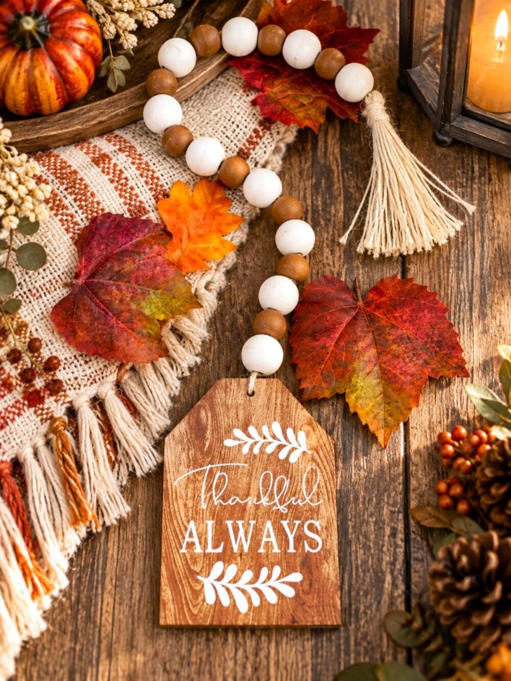 Thankful Always Wood Bead Garland Tassel Fall Thanksgiving Farmhouse Home Décor